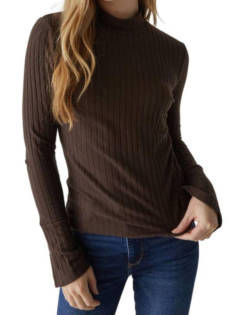Michael Stars Opal Button Cuff Long Sleeve Ribbed Turtleneck 81002 Java Brown XS